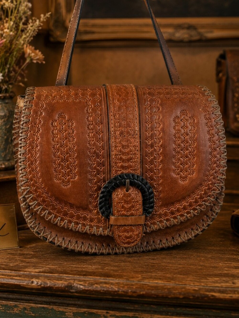 Patricia Nash Hand‑Tooled Brown Leather Saddle Crossbody Bag